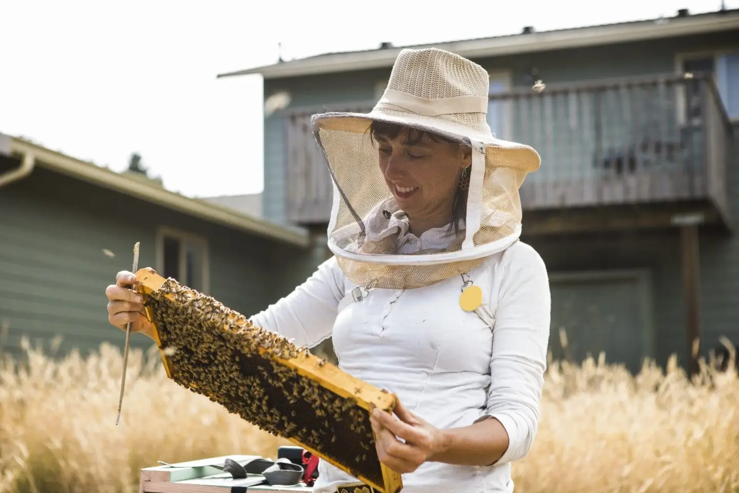 A beekeeper thoughtfully looking at a honeycomb frame.